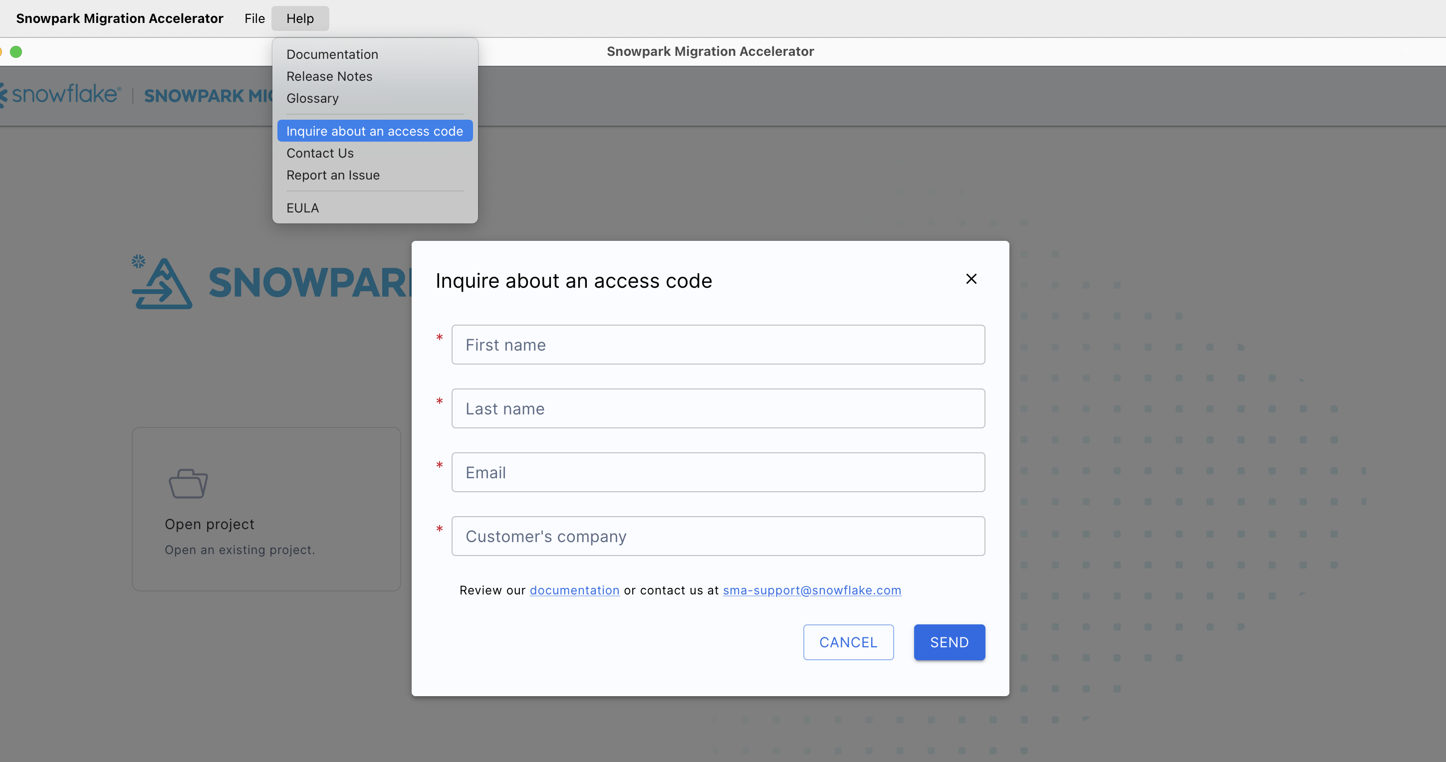 Request new access code screen