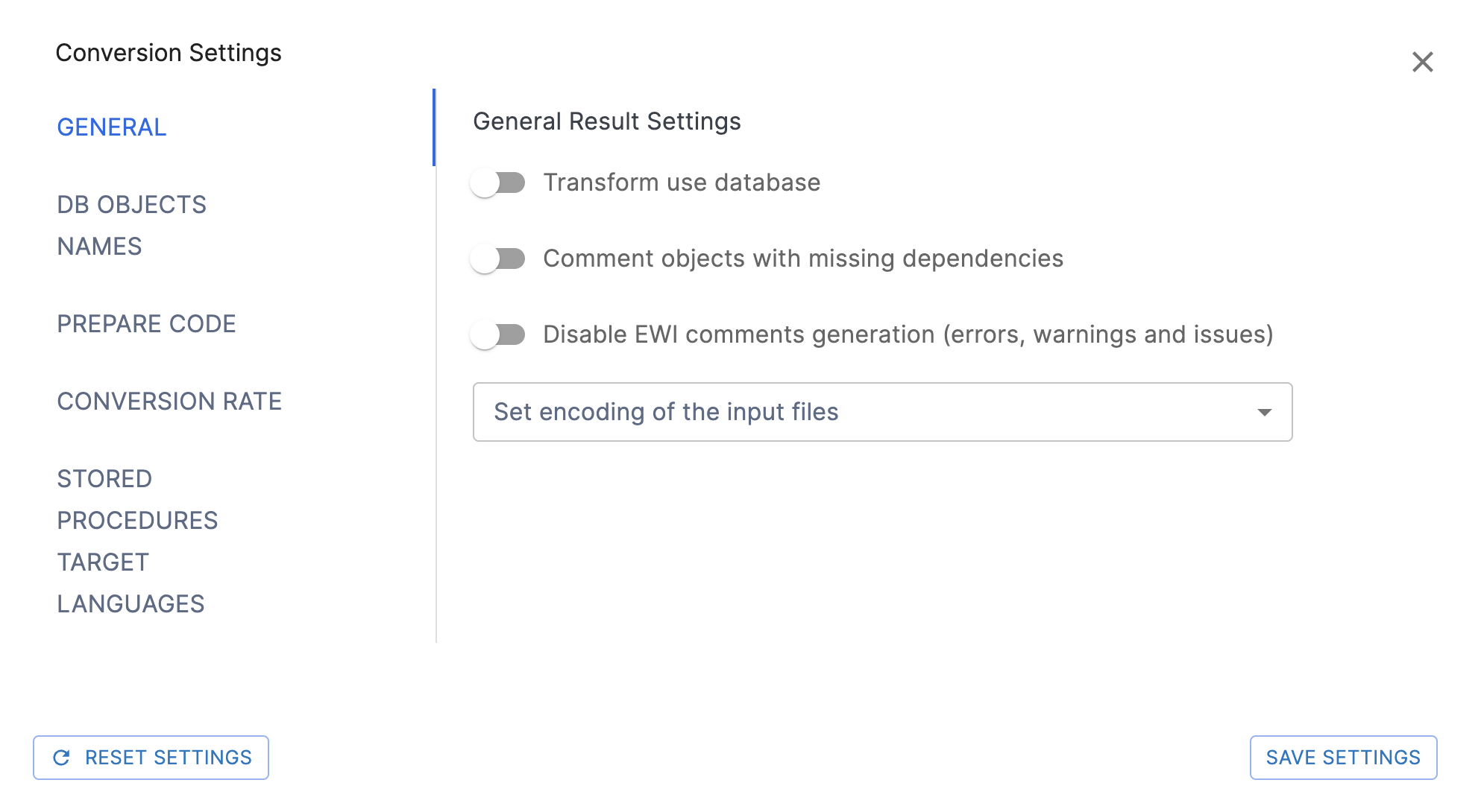 General Conversion Settings page