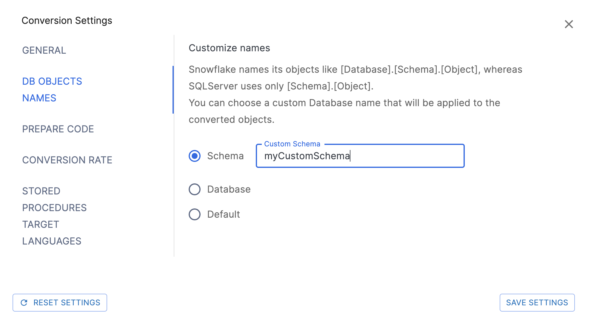 DB Objects Names Settings page