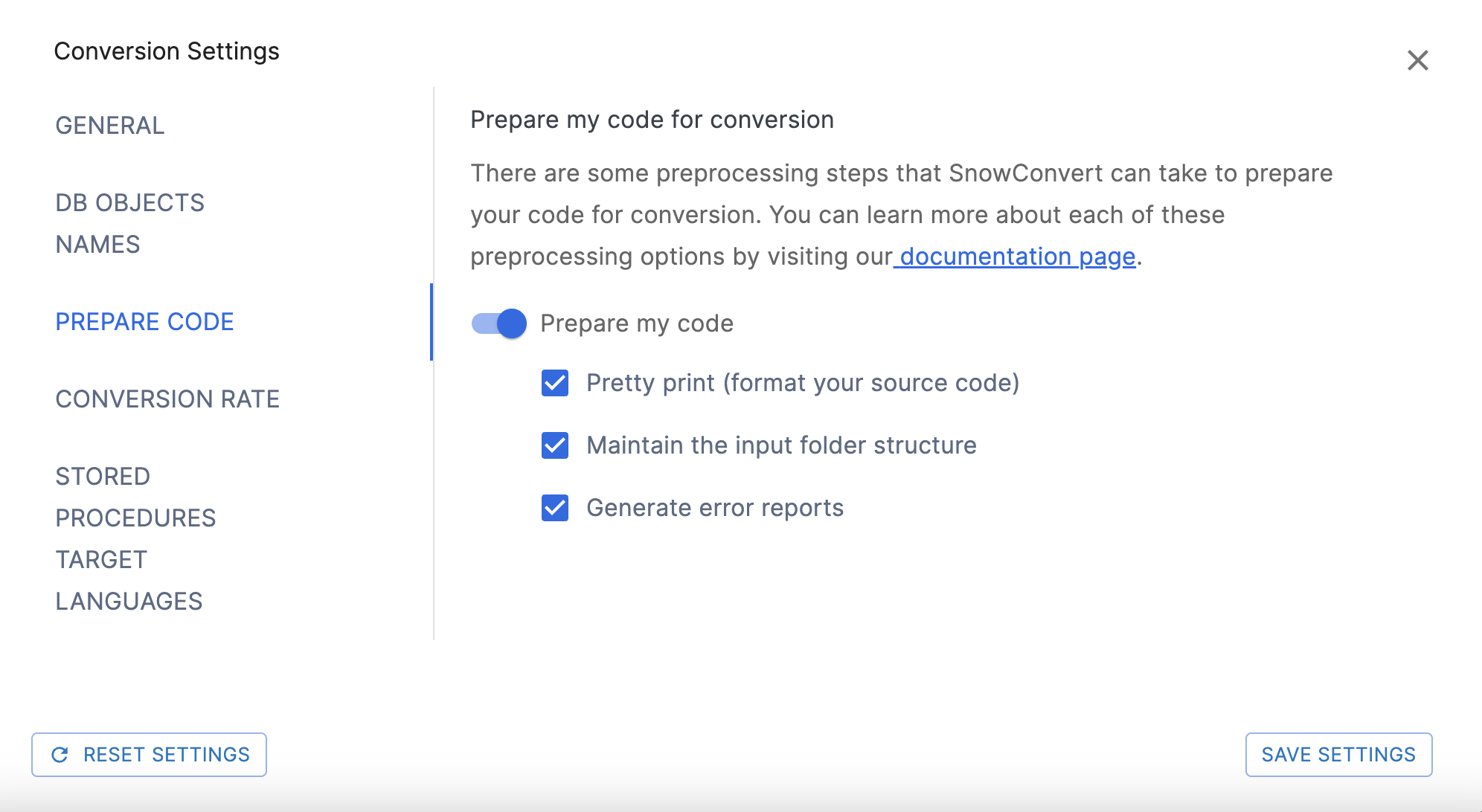 Prepare Code Settings page