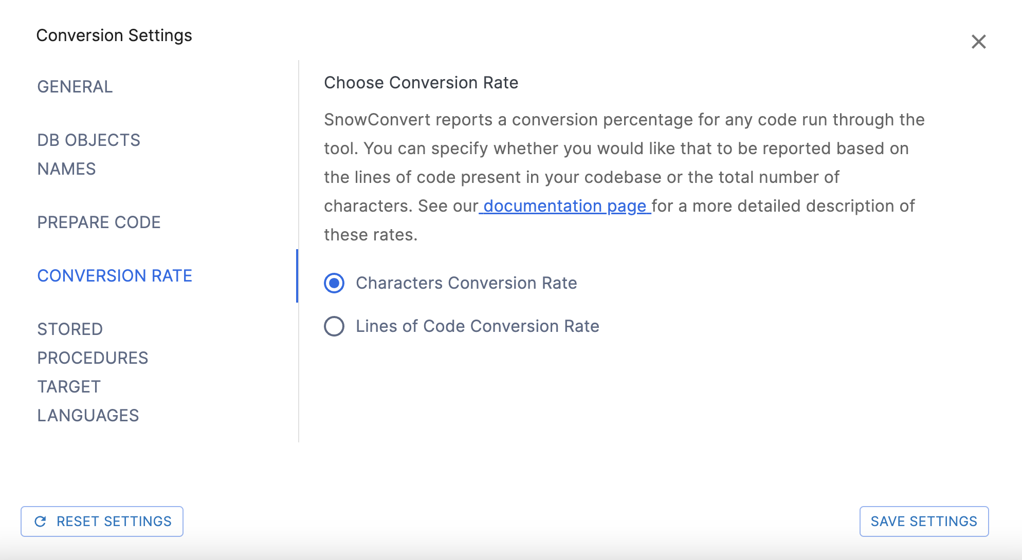 Conversion Rate Settings page