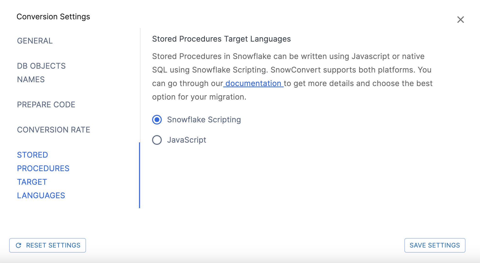 Stored Procedures Target Languages Settings page