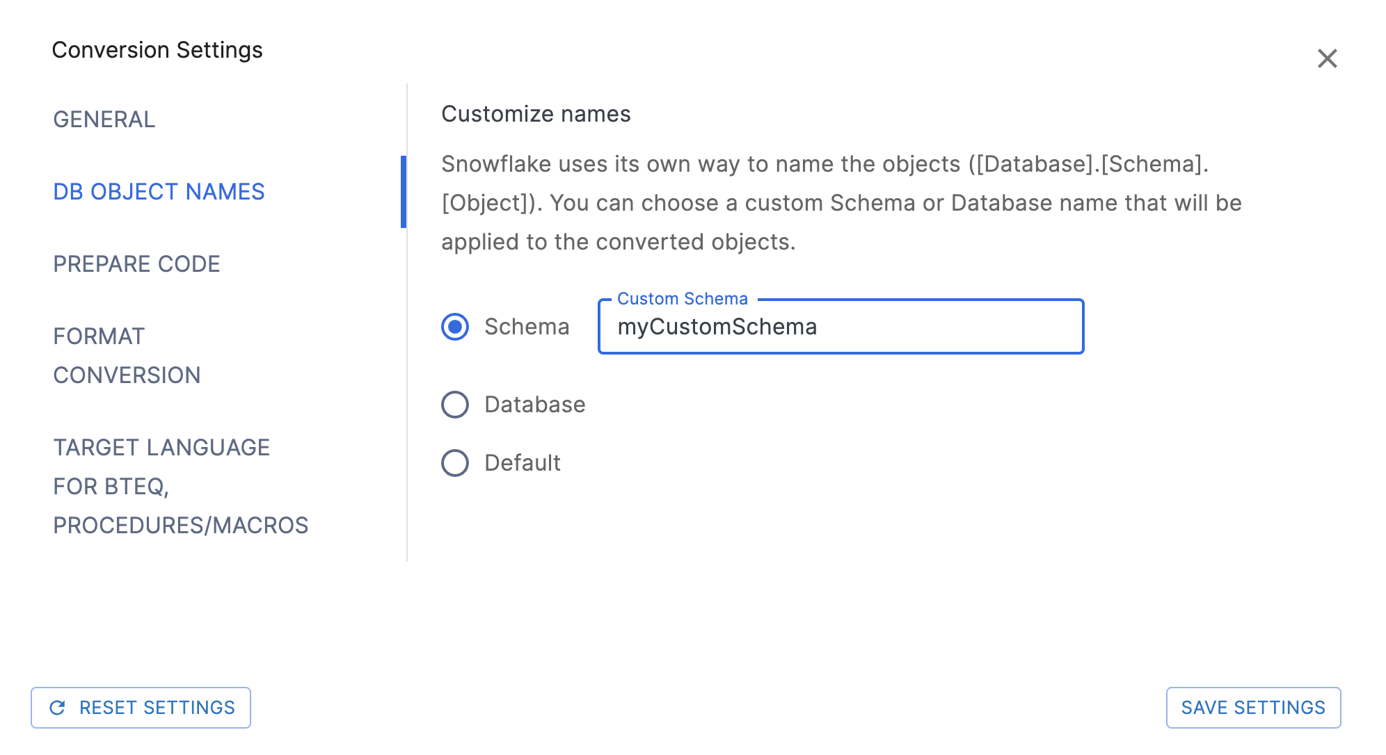 DB Objects Names Settings page