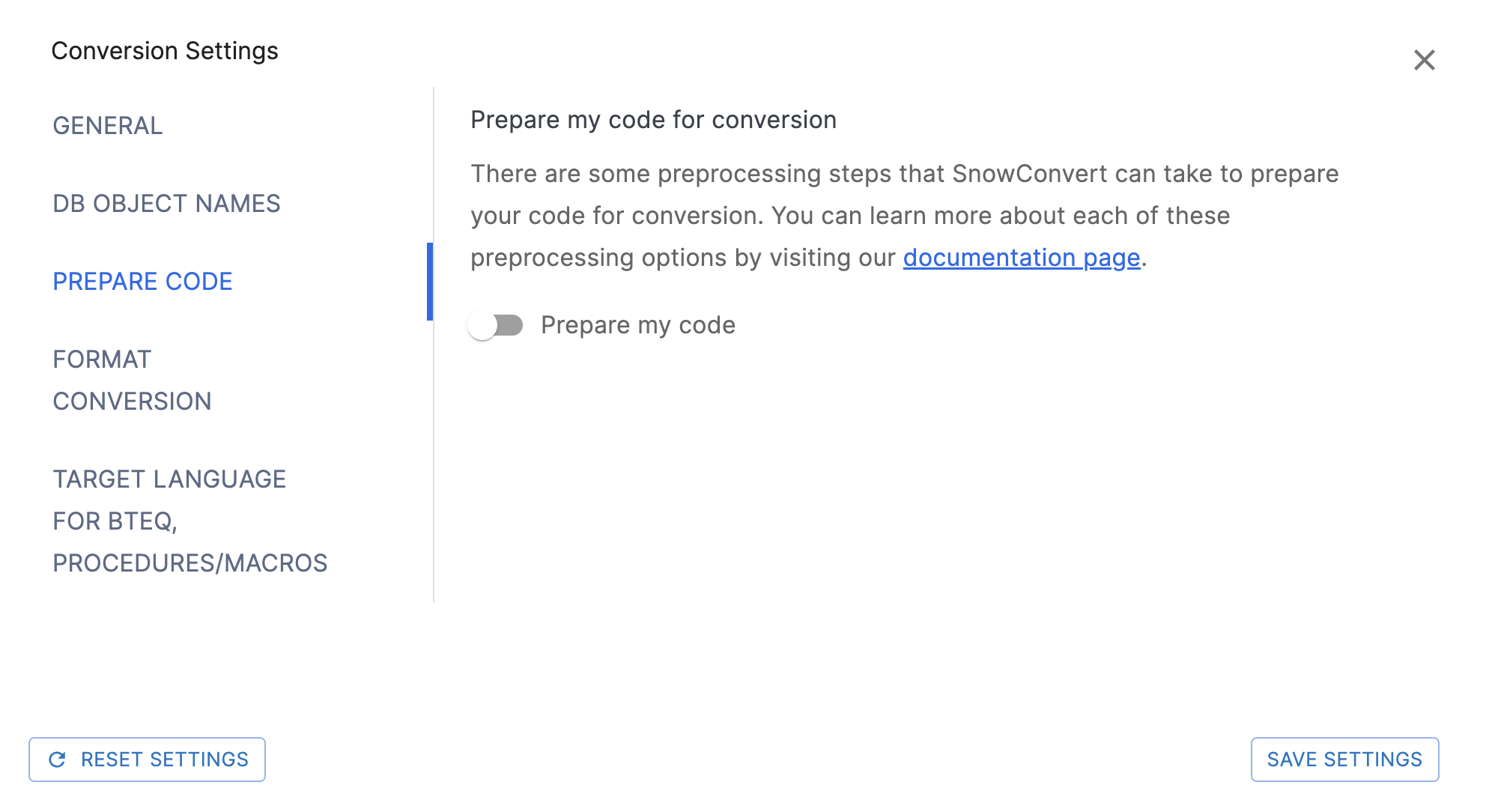 Prepare Code Settings page