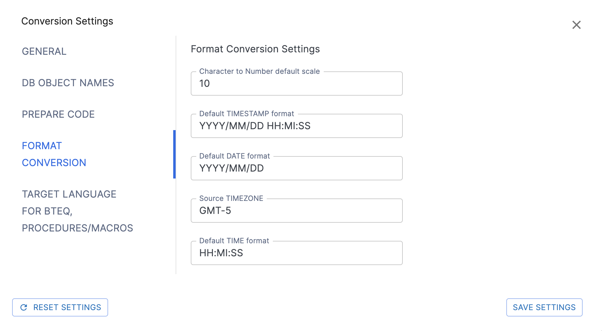 Format Conversion Settings page