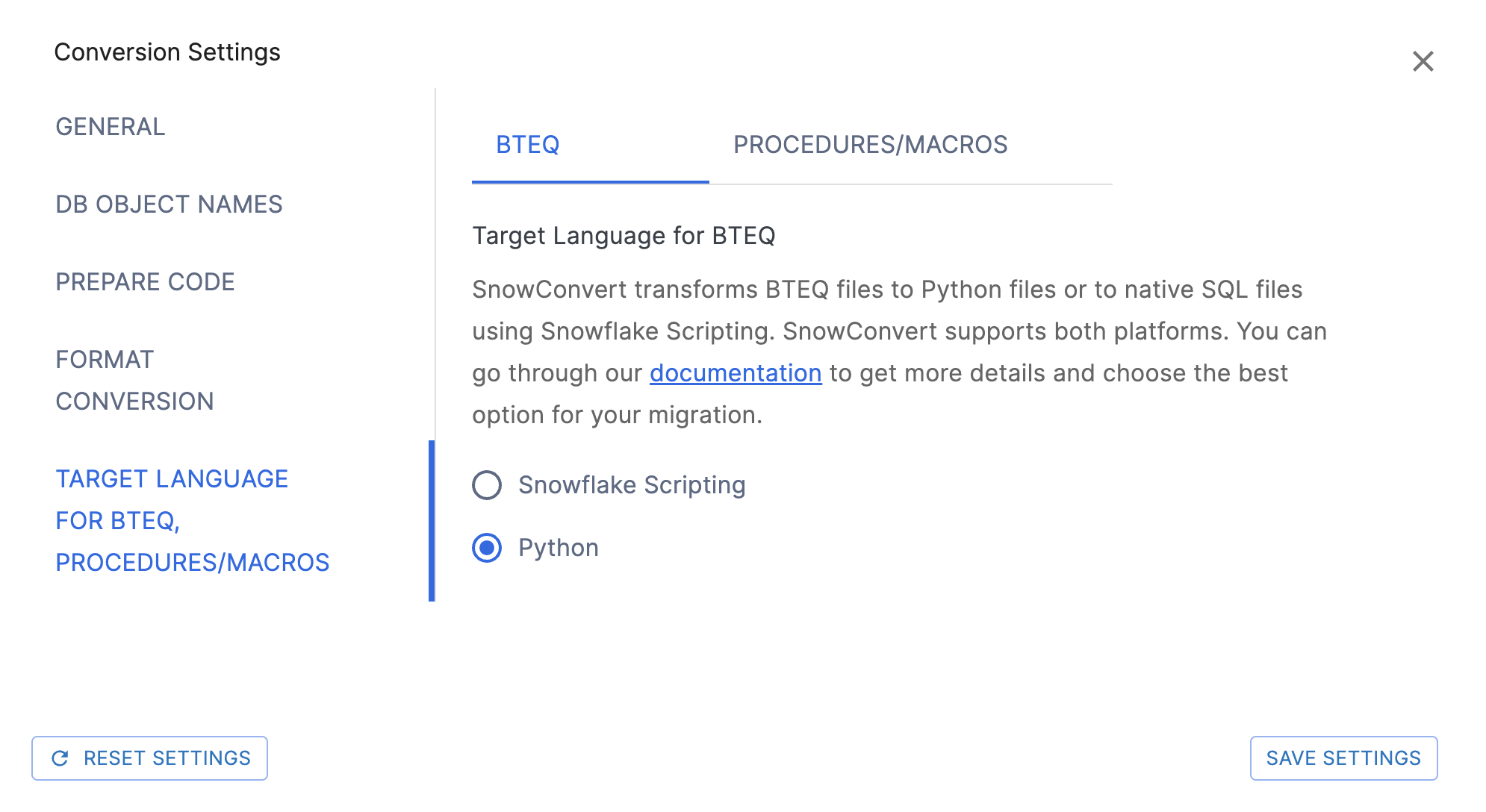 BTEQ Target Language Settings page