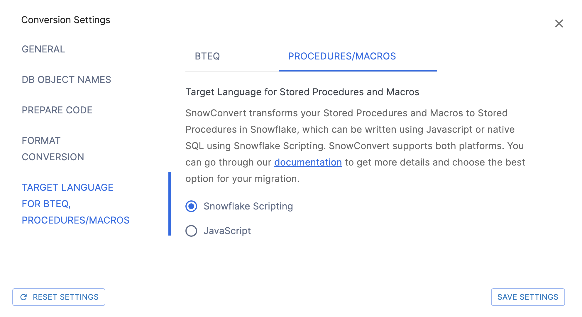 Procedures/Macros Target Language Settings page