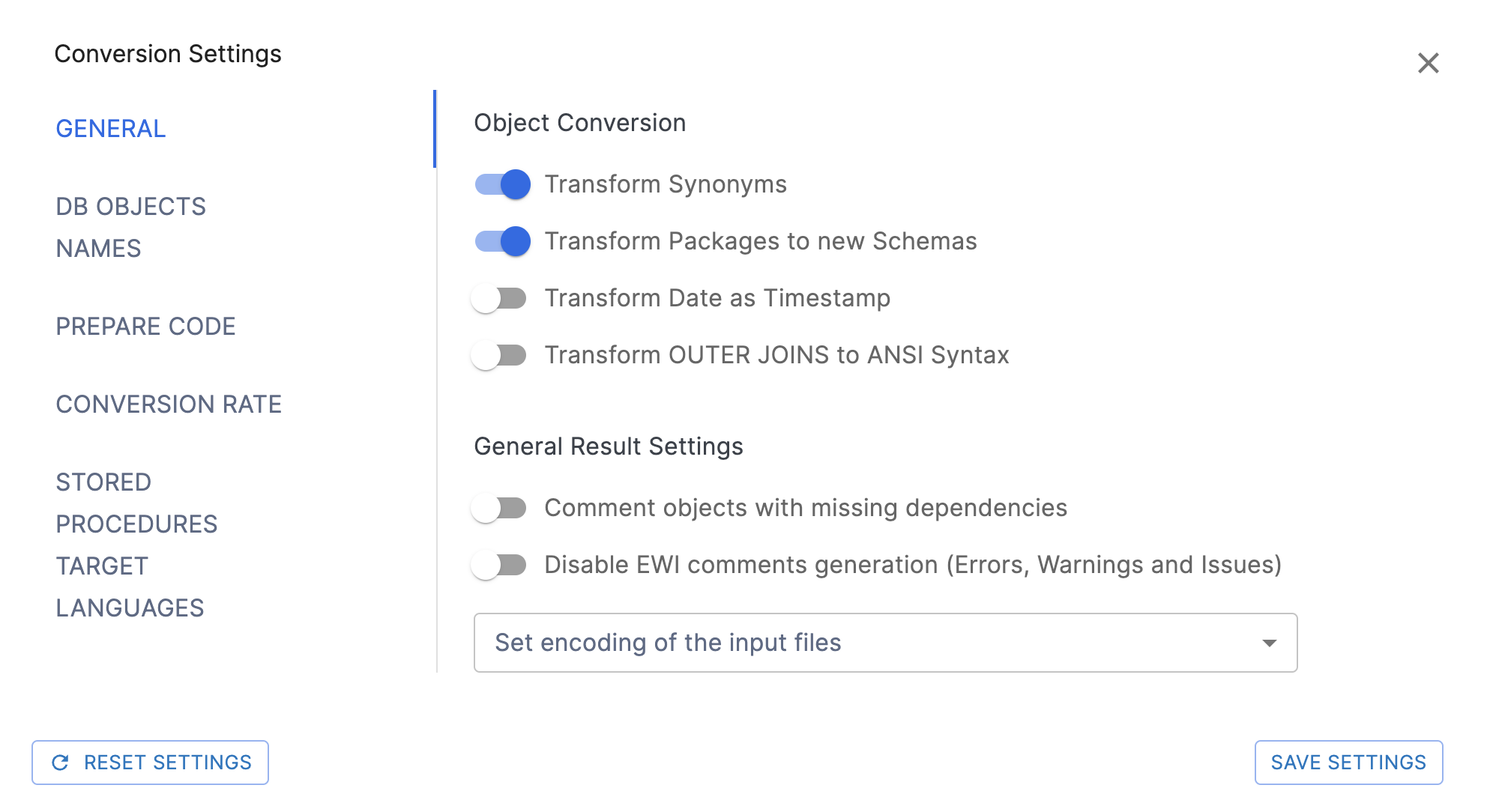 General Conversion Settings page
