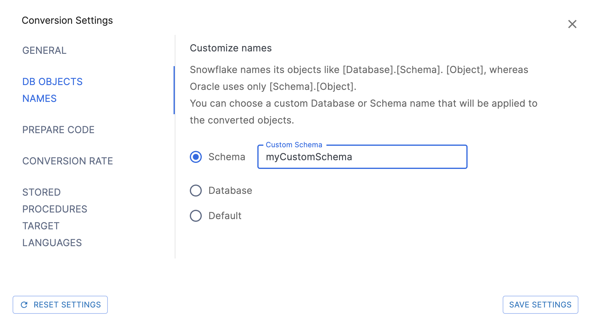 DB Objects Names Settings page