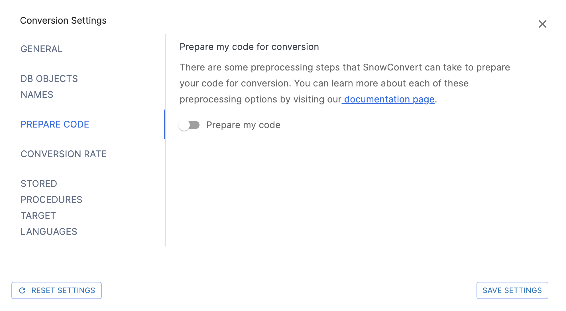 Prepare Code Settings page