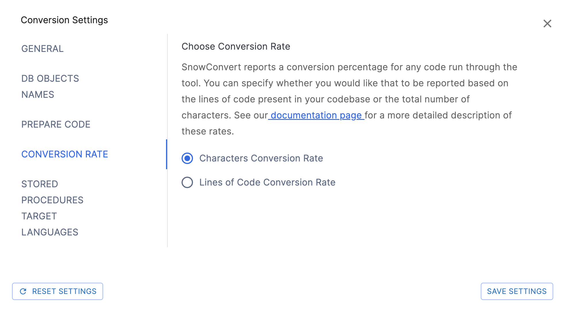 Conversion Rate Settings page