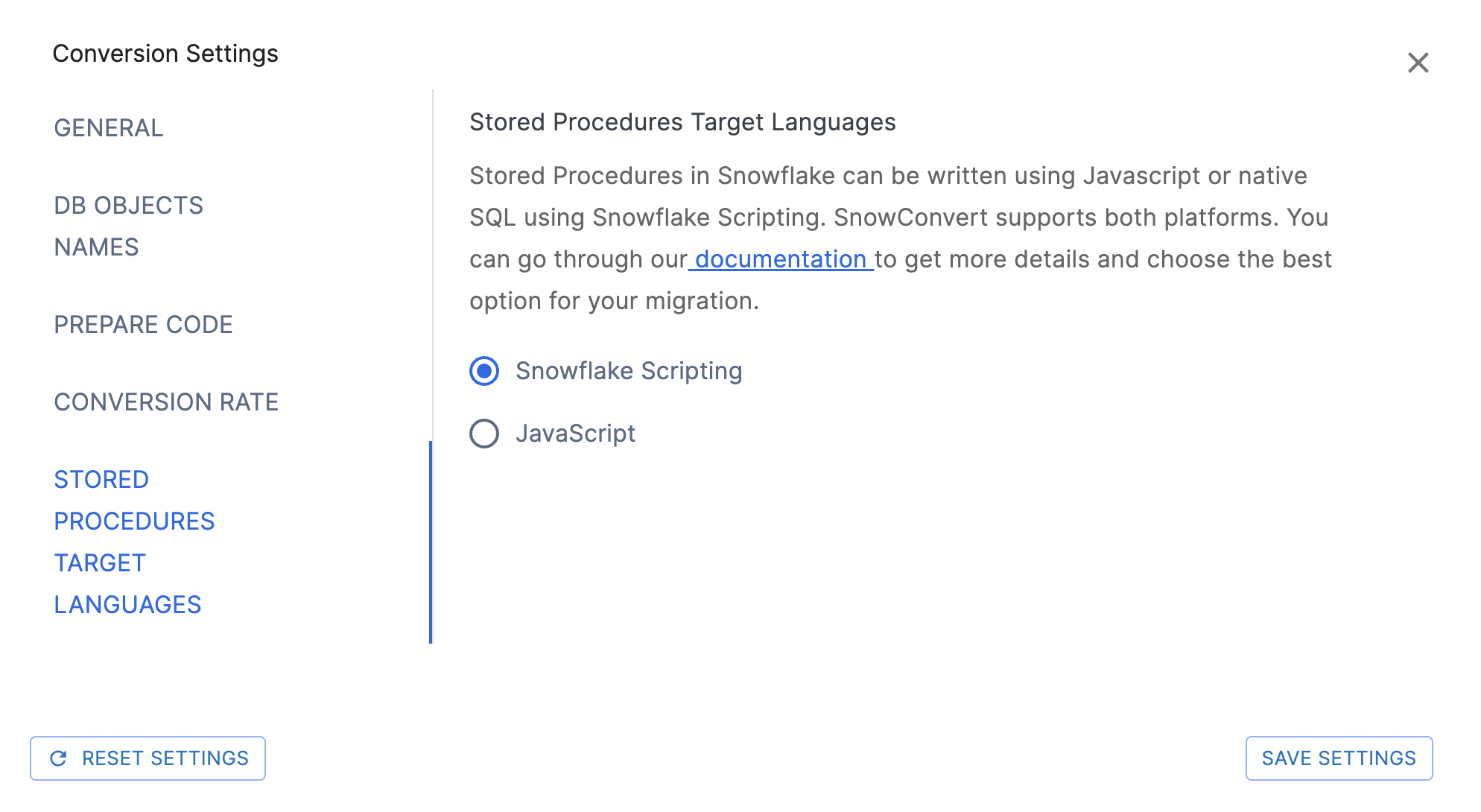 Stored Procedures Target Languages Settings page