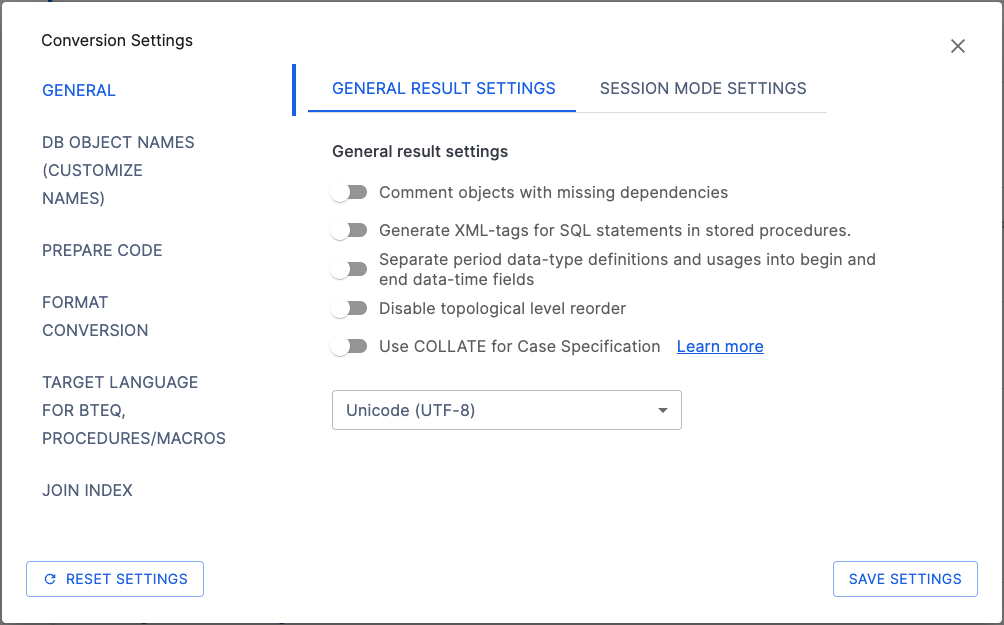 General Result Settings sub-page