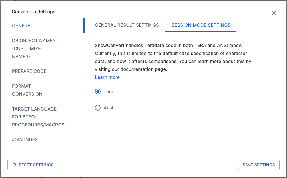 Session Mode Settings sub-page