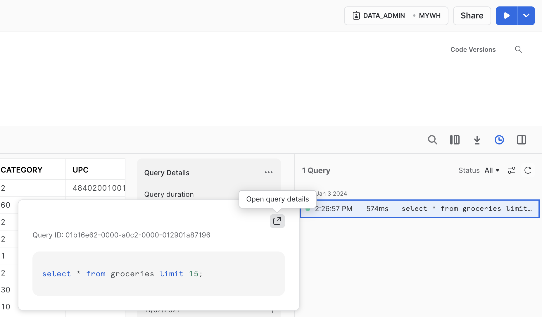 Select the clock icon labeled Query History to open the query history for the worksheet.