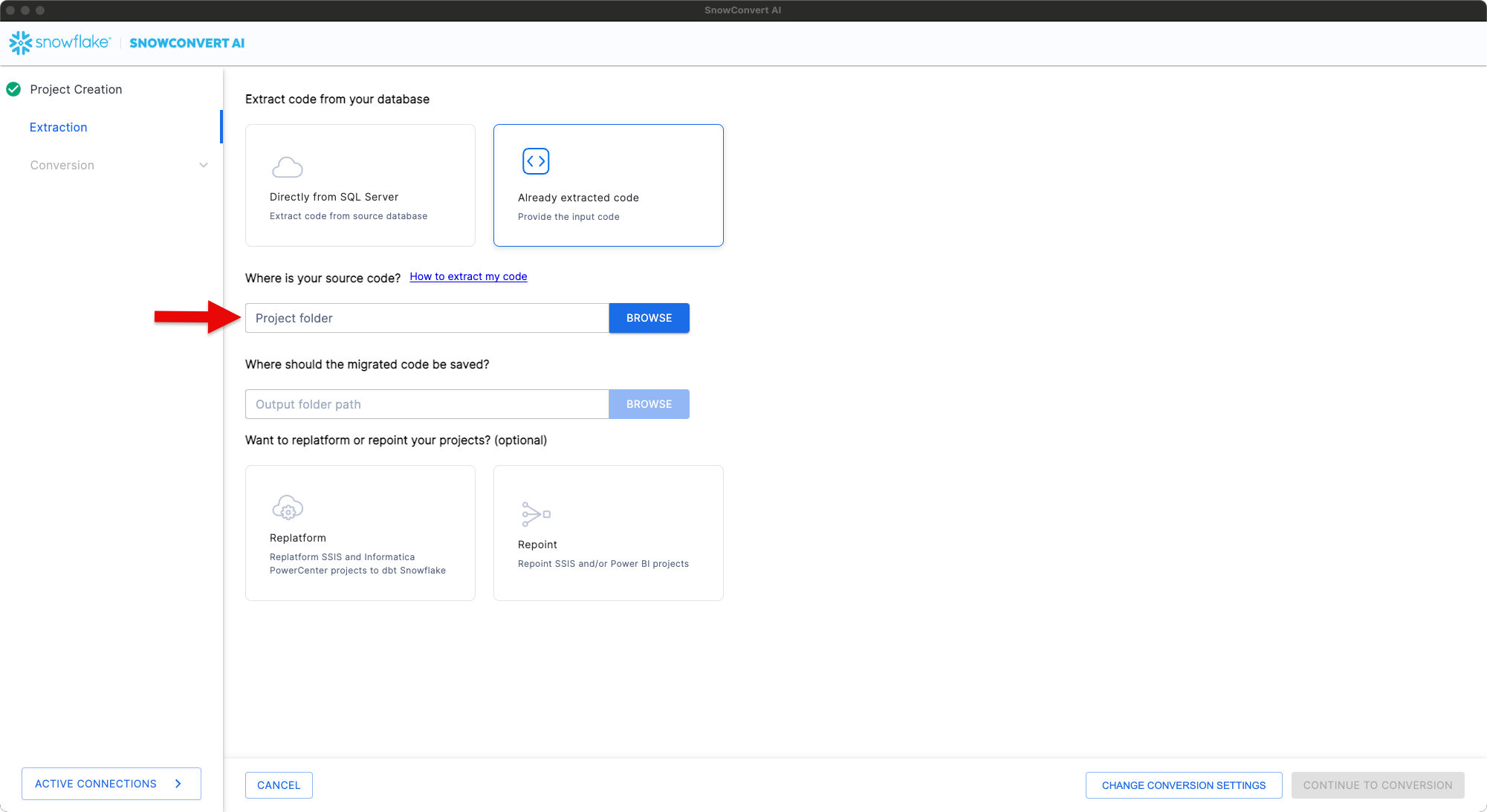 Select the path to your scripts in SnowConvert AI