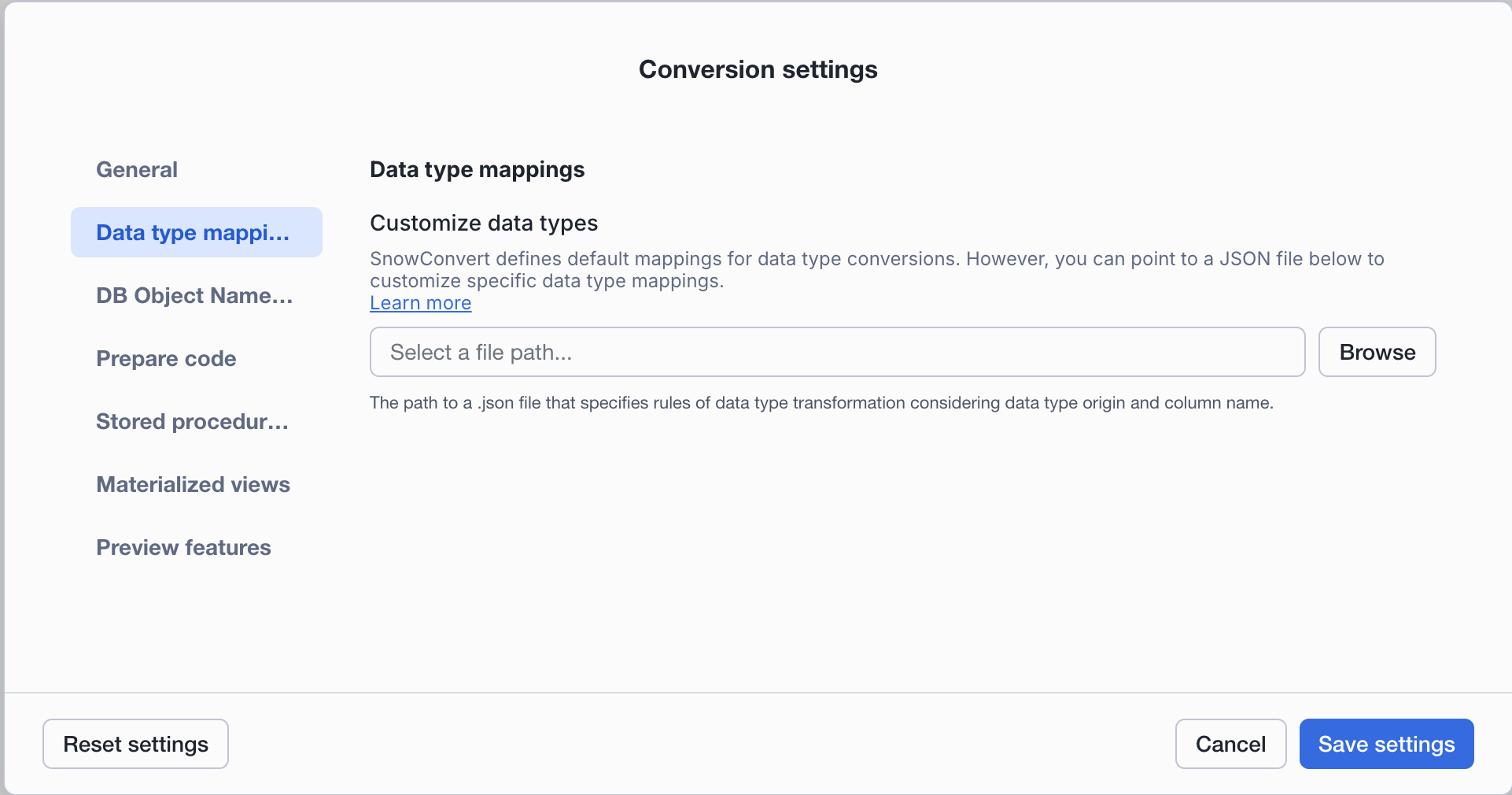 Data type mappings settings page