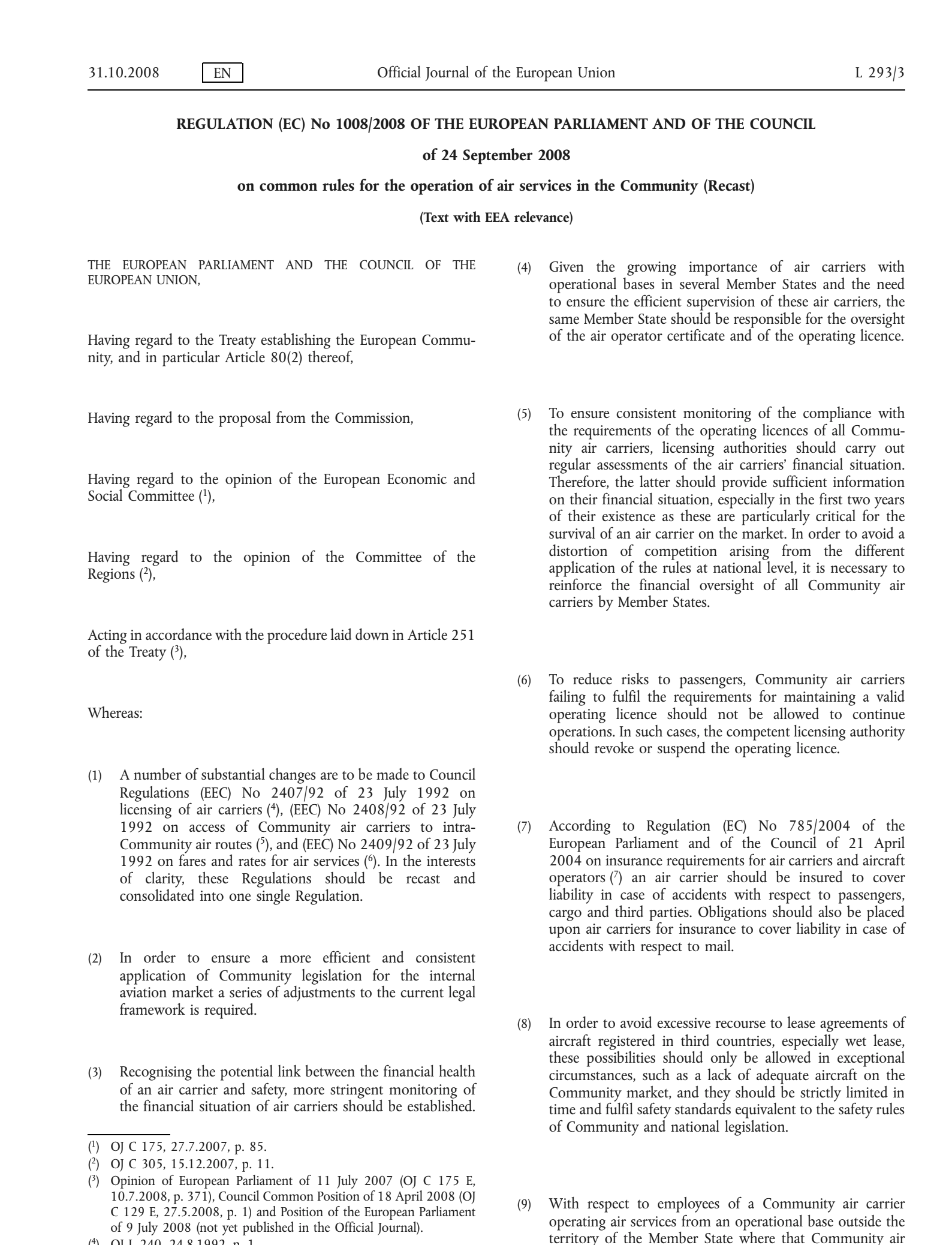 First page of EU Resolution 1008/2008
