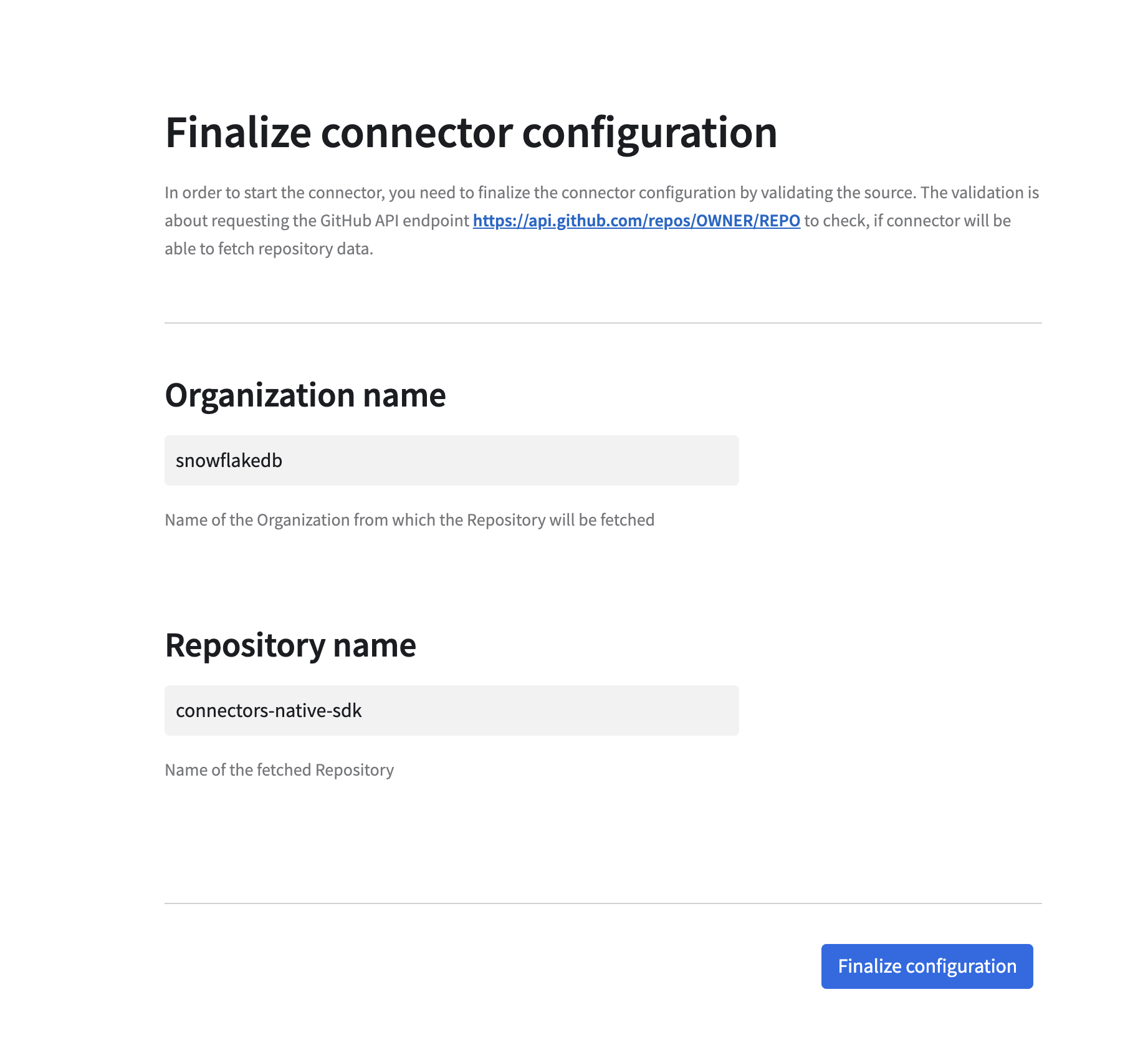 Finalize configuration screen