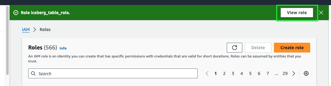 Banner with link to view the new IAM role.