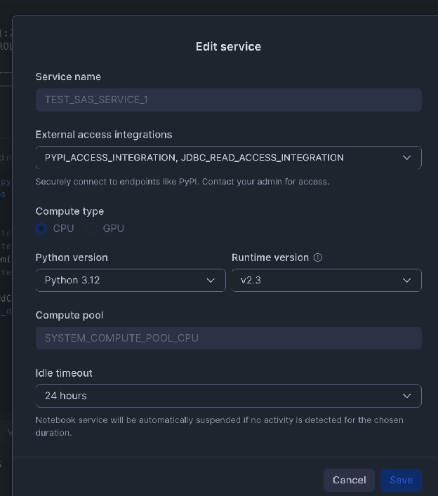 Activating external access integration in Workspace Notebook settings