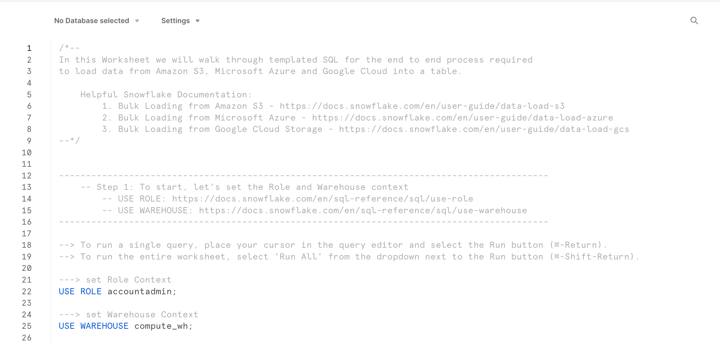 SQL load from cloud template worksheet, which contains the SQL commands for this tutorial, along with descriptive comments.