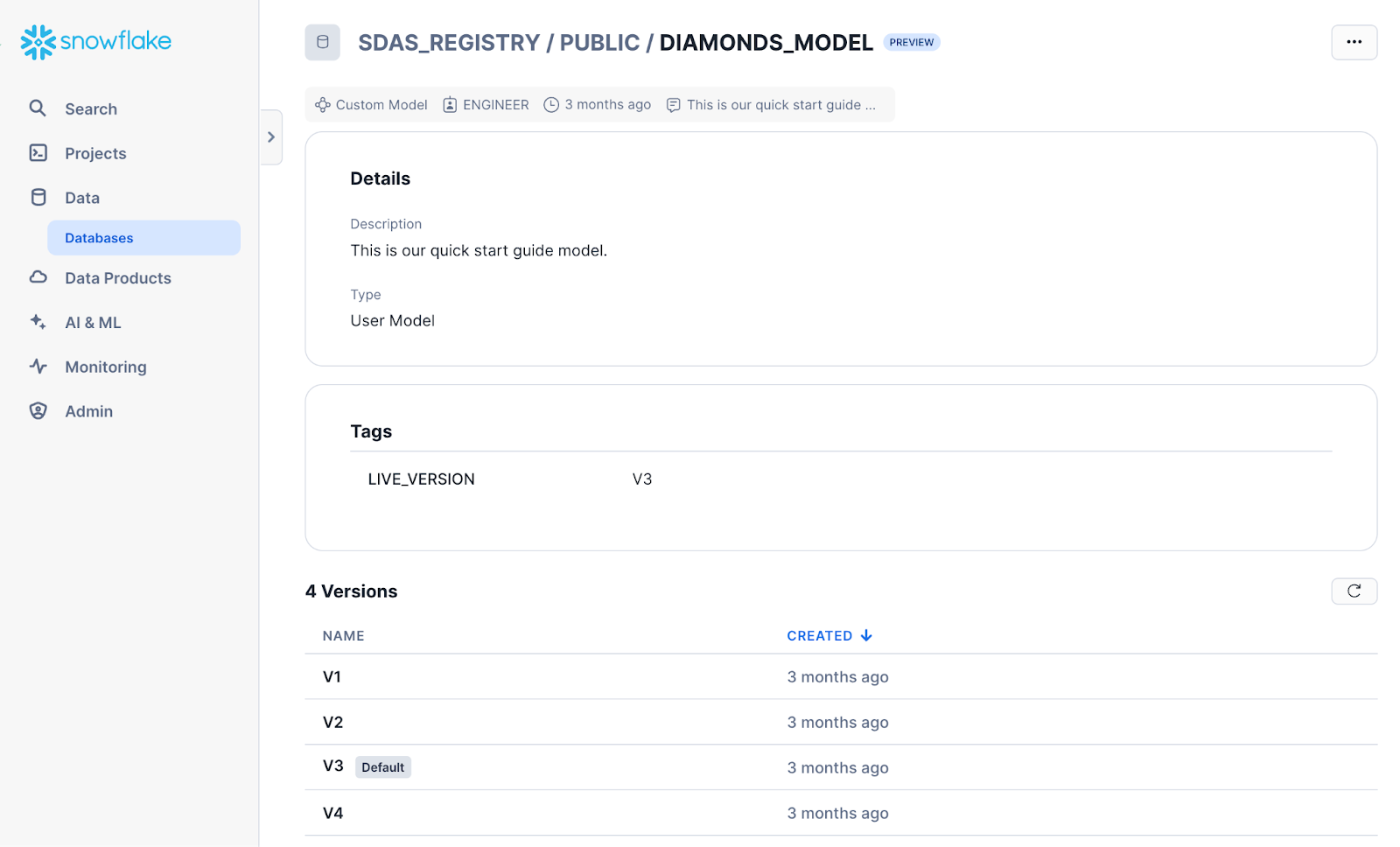 A model details page, displaying key model information