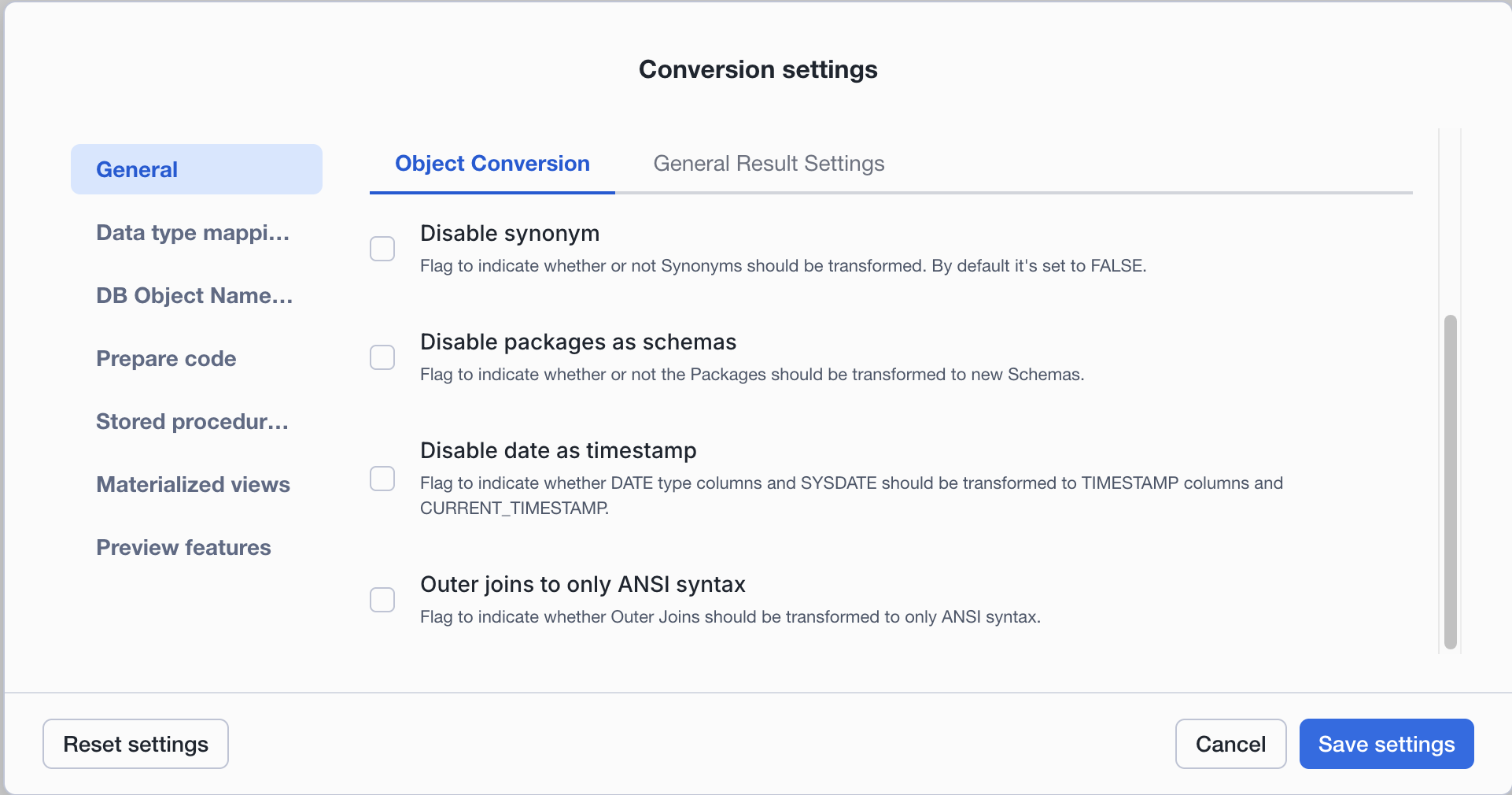 Object Conversion Settings page