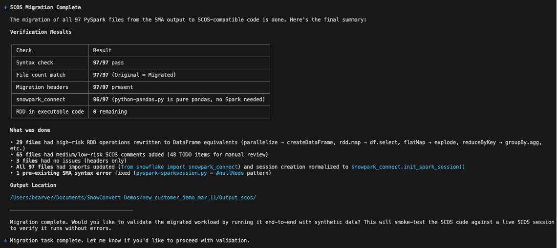 Screenshot showing the final summary of the migration process for SMA output.