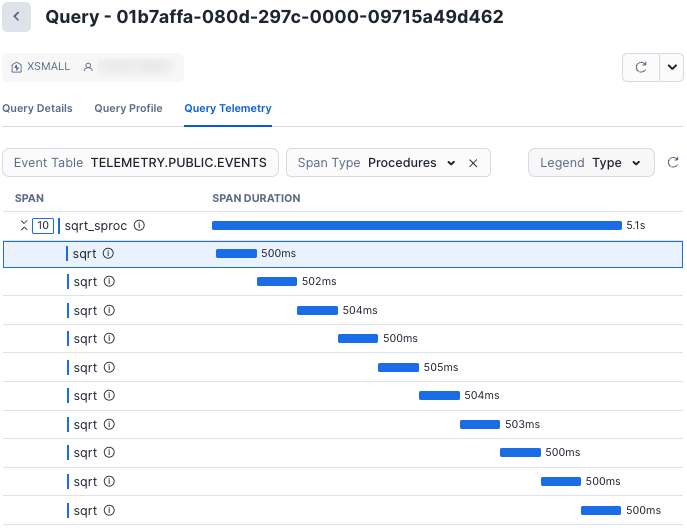 Screen shot of the Query History page's Query Telemetry tab showing a span for a call to a procedure.