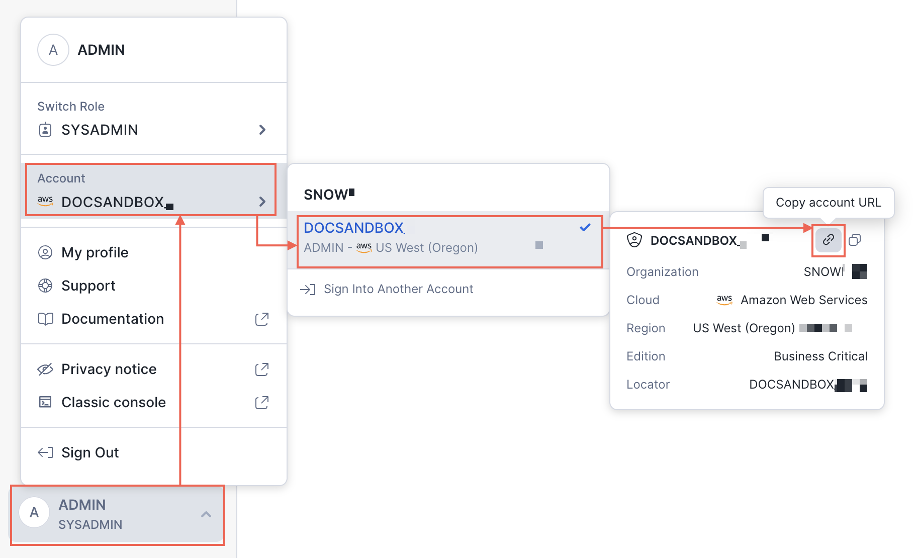 Navigate through the account menu to copy your account URL, following the same steps as when you copy your account identifier.