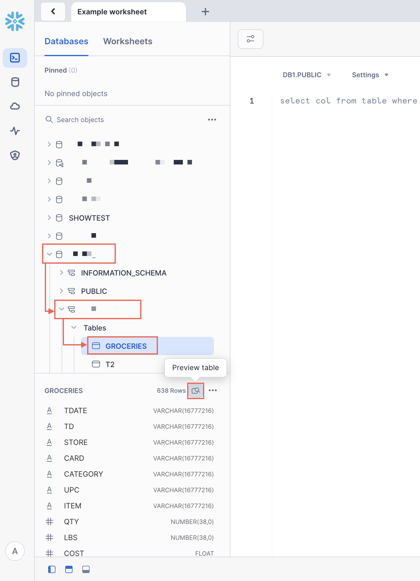 Screenshot depicting the steps to locate the database and schema that contain a table, selecting the table, and choosing the preview data option at the bottom of the screen in the table details area.