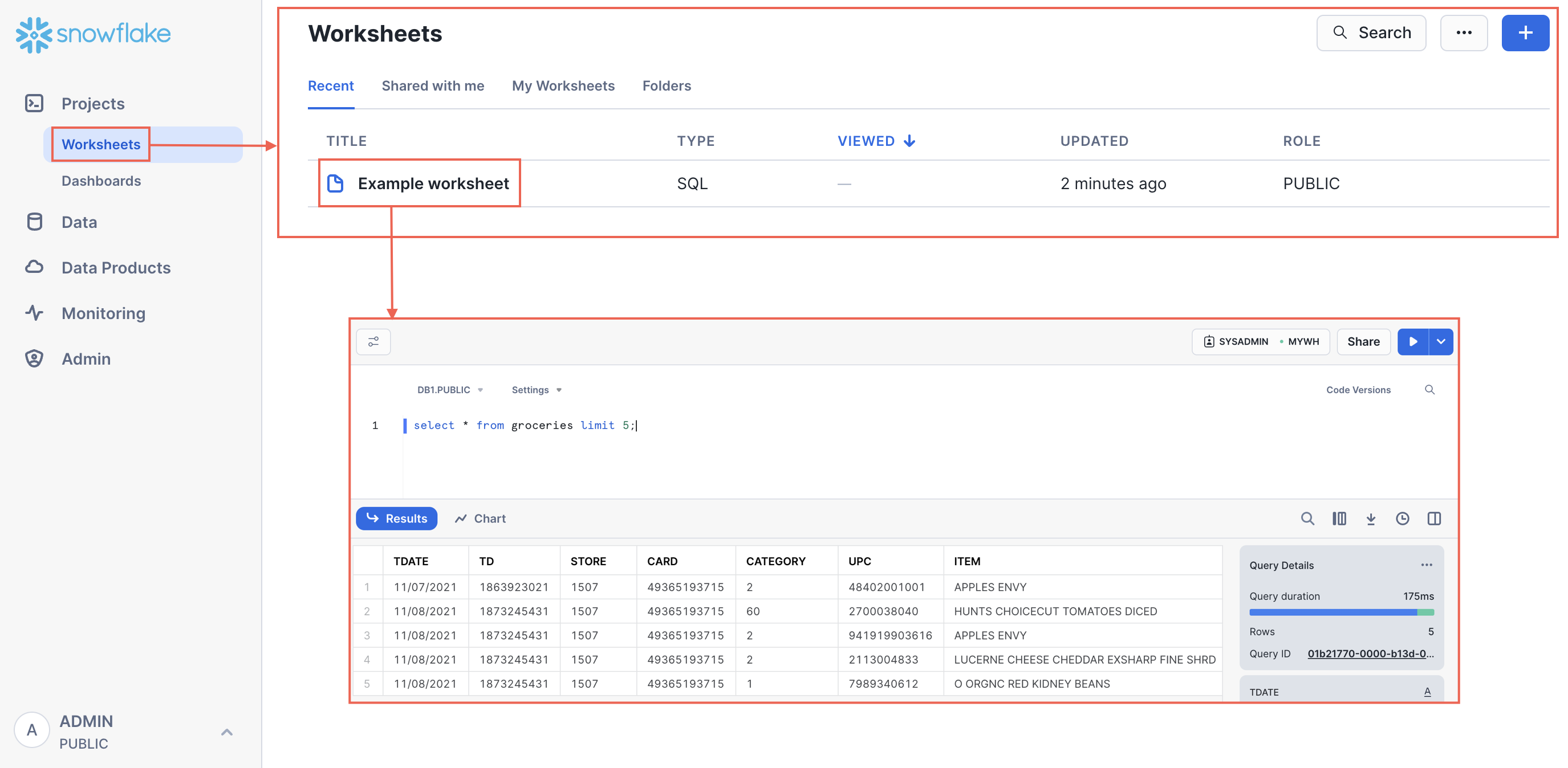 If you select Worksheets in the navigation menu, you see a list of worksheets, and you can select one to view the worksheet contents and update the worksheet.