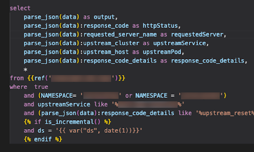 A code snippet of a Snowflake SQL statement with a Jinja template showing syntax highlighting and bracket autocomplete.