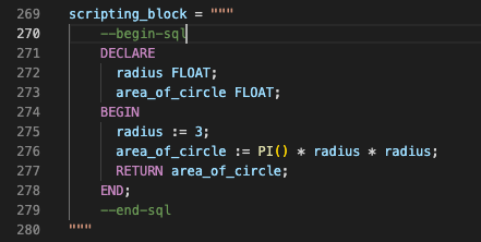 A code snippet of a Snowflake SQL statement in a Python string using comments to manually enable SQL syntax highlighting.