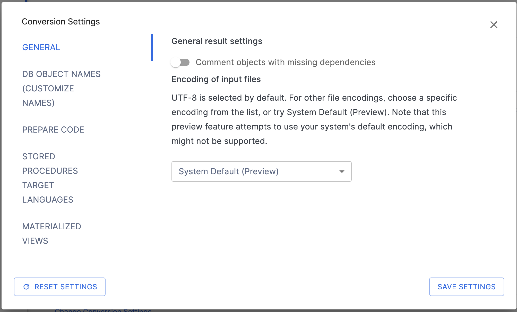 General Conversion Settings page