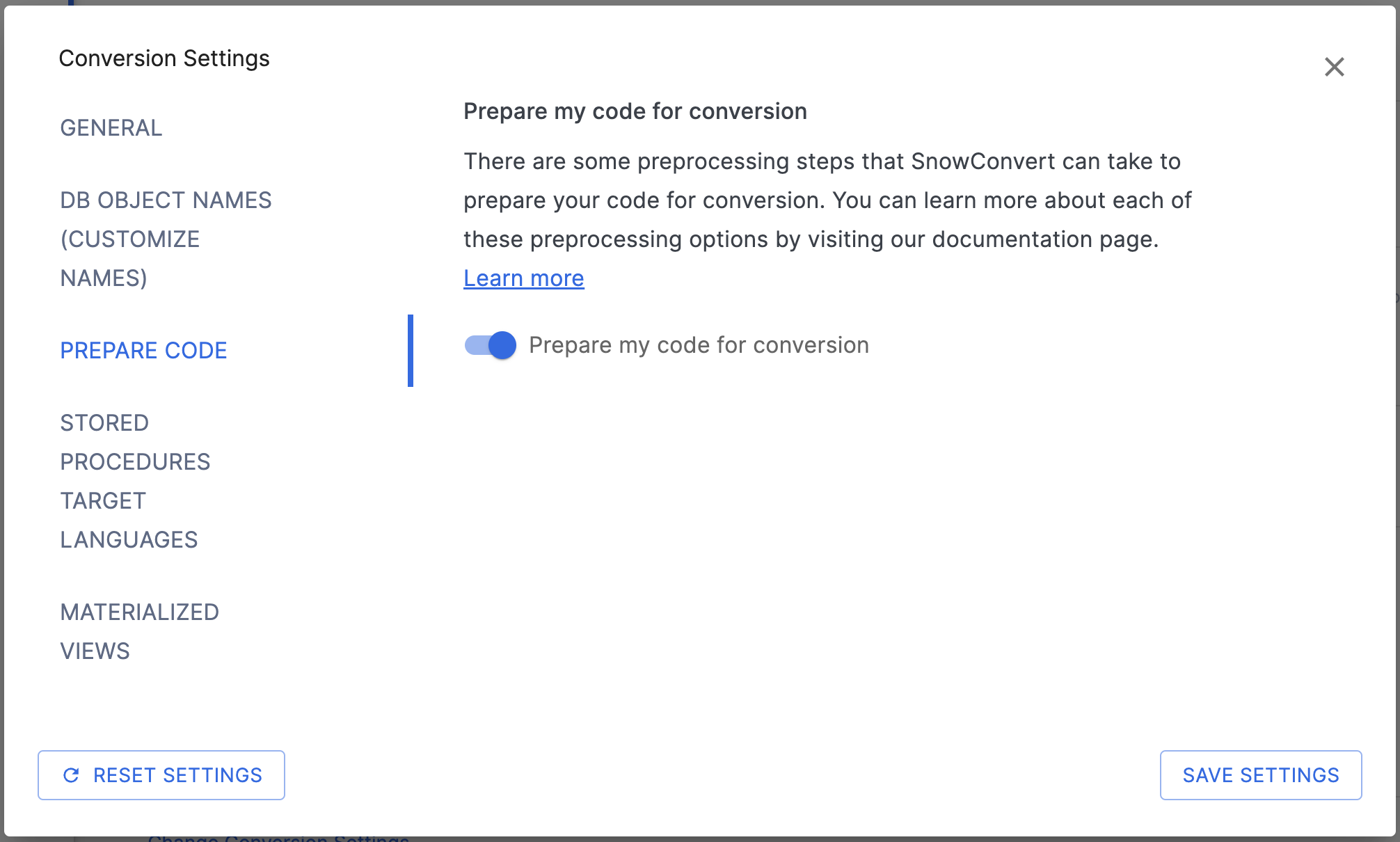 Prepare Code Settings page