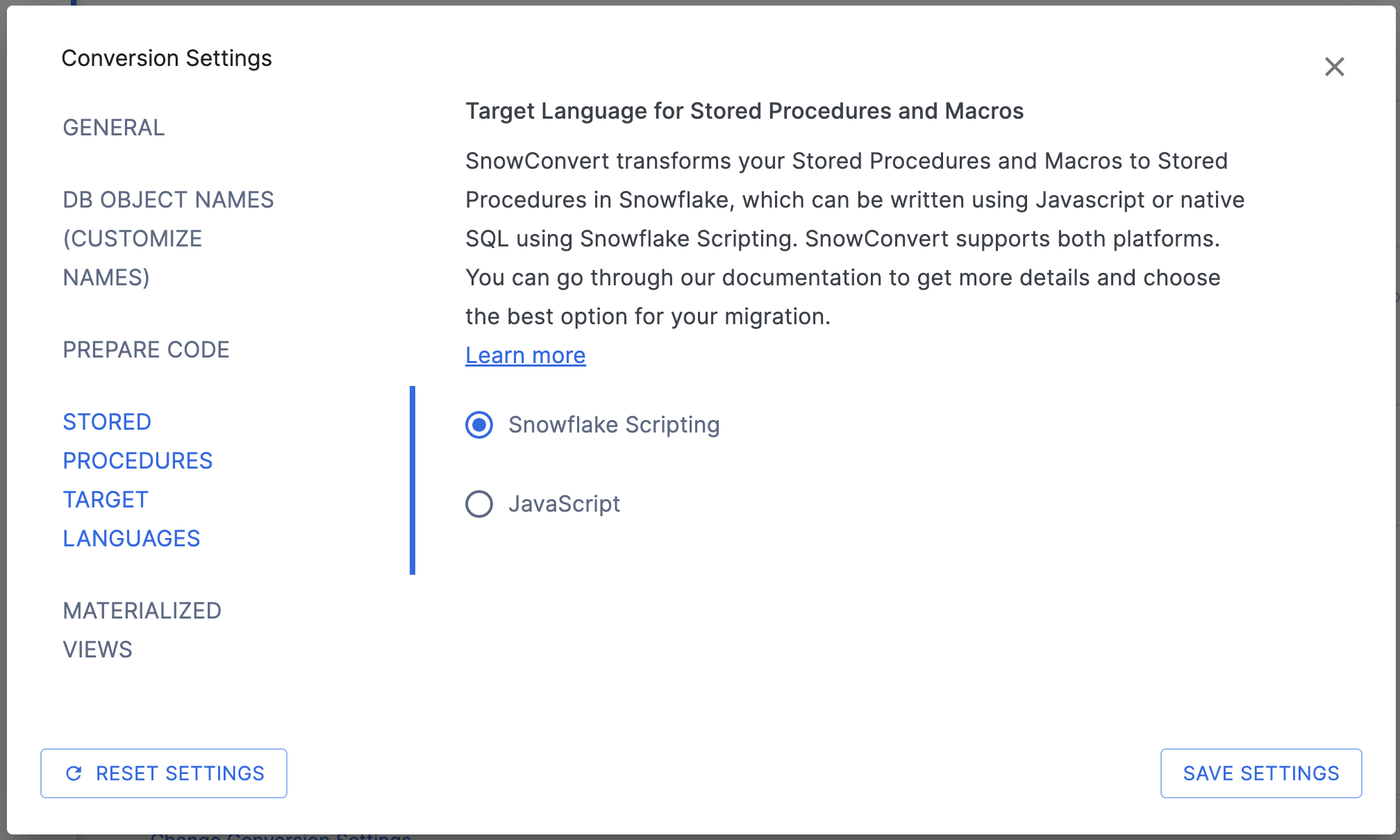 Stored Procedures Target Languages Settings page
