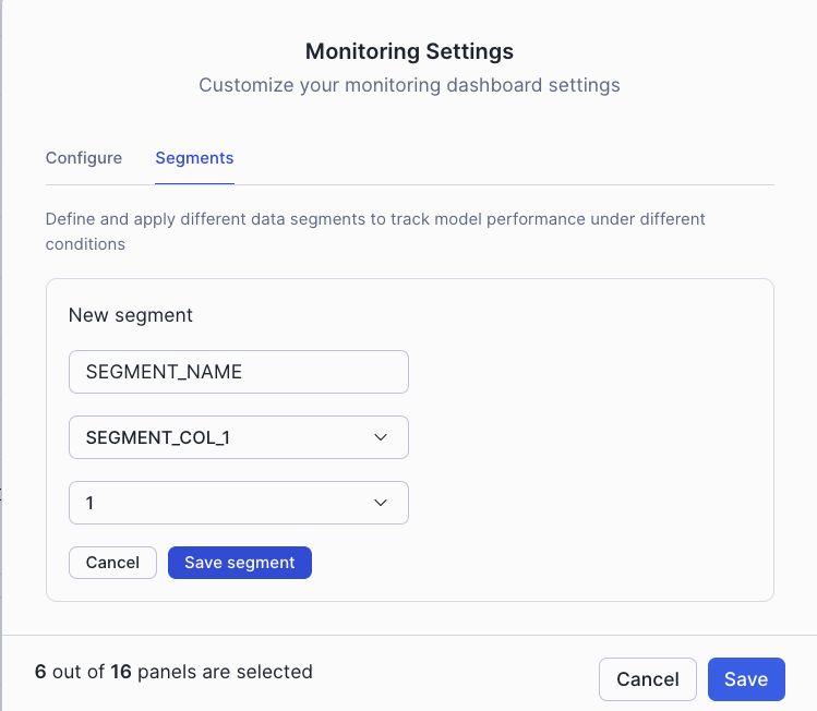 ML Observability segments settings
