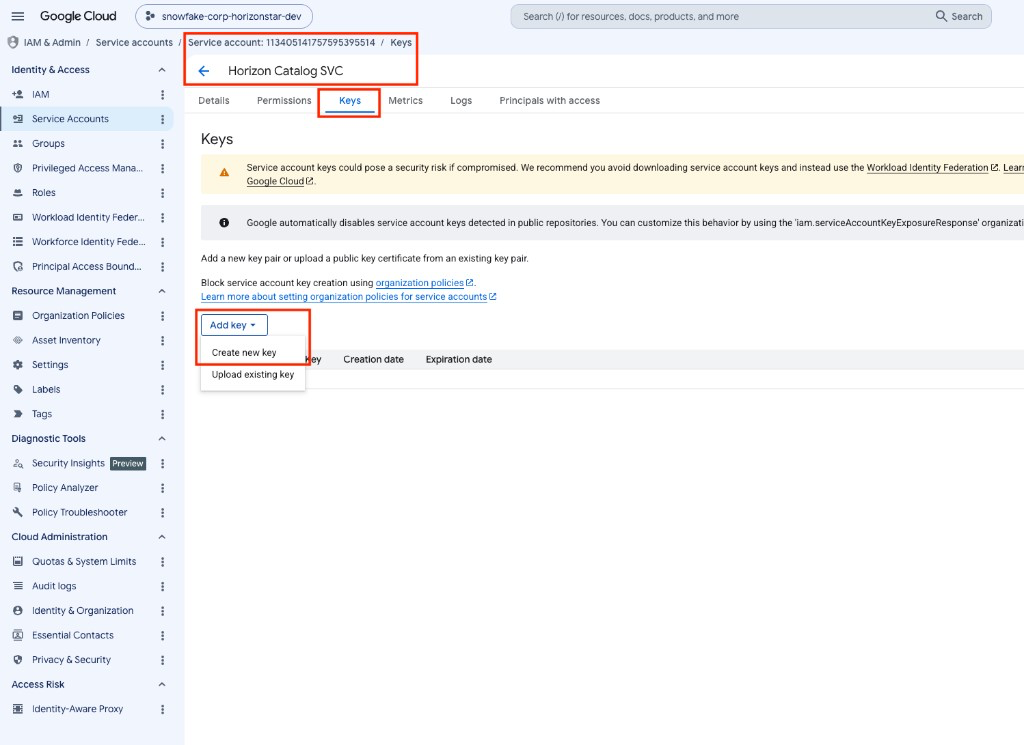 Create a new JSON key for the service account