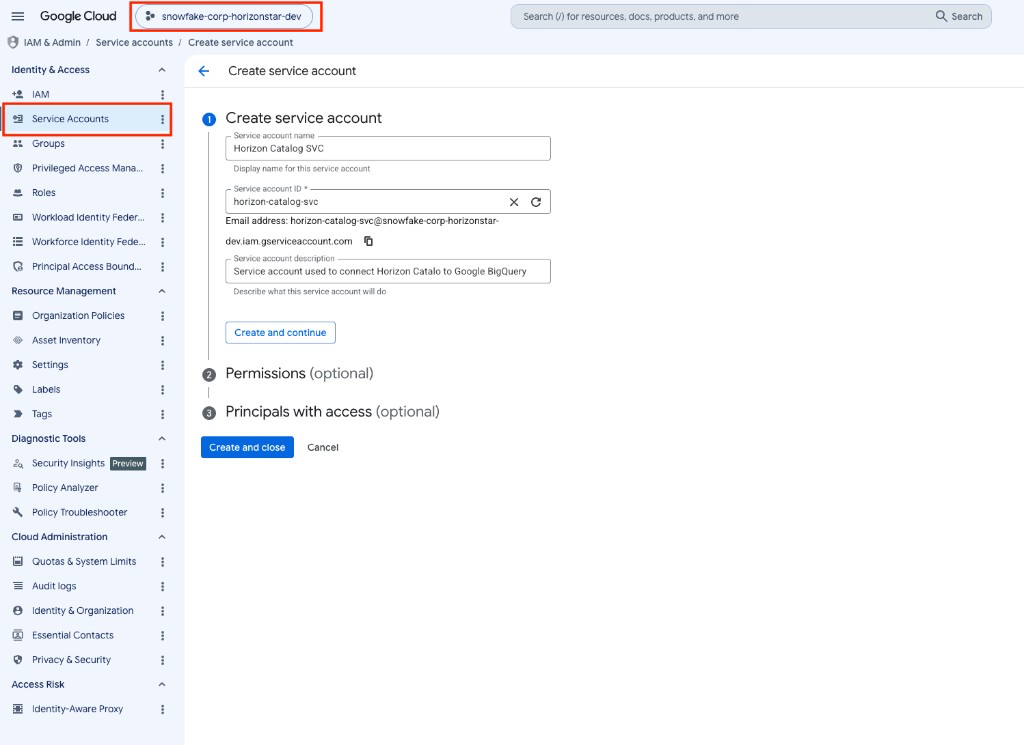 Create service account in the Google Cloud console