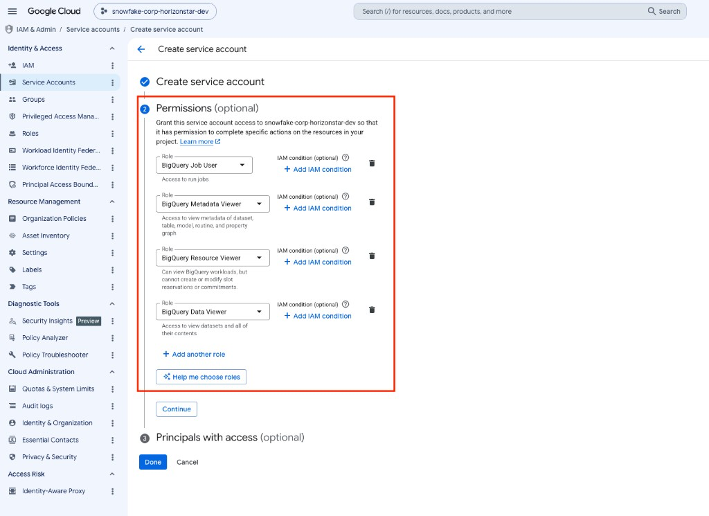 Grant BigQuery roles to the service account