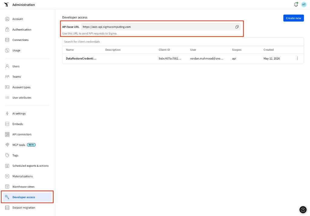 Sigma Developer Access page showing the API base URL