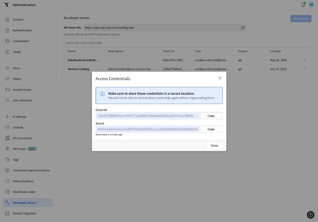 Sigma client ID and secret