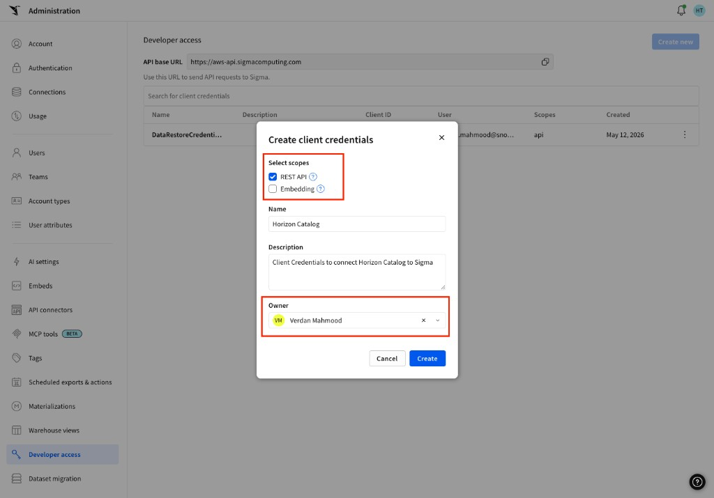 Sigma Create client credentials modal