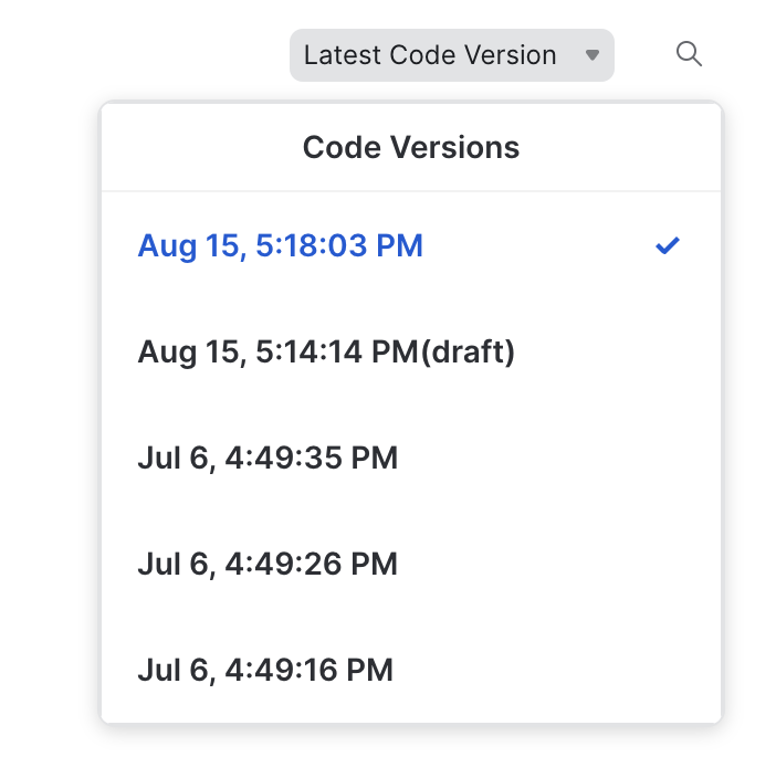 Past Code Versions dropdown showing versions of a worksheet available to select and change the content of the worksheet to match the selected version.