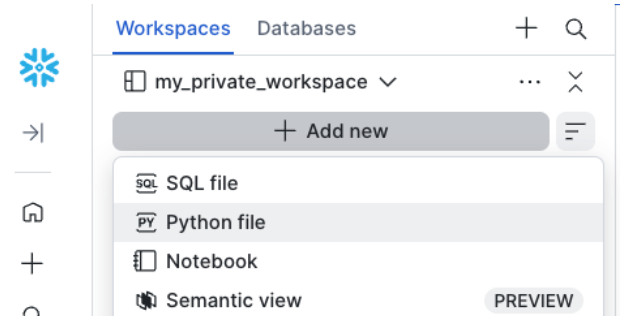 Snowsight Add new menu showing the option to add a Python file.