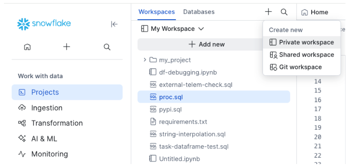 Snowsight Workspaces menu showing the option to create a new private workspace.