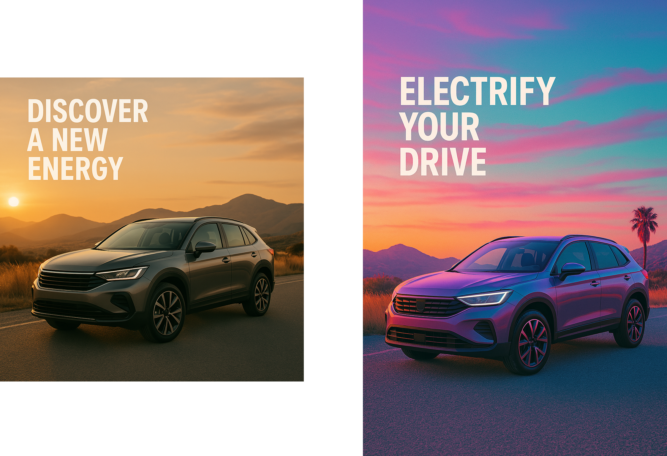 Images of two ads for electric cars
