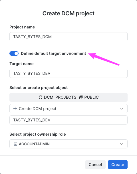 Create DCM project dialog with the Define default target environment option selected